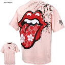 ローリングストーンズ THE ROLLING STONES Tシャツ 半袖 リップアンドタン 桜 刺繍 メンズ クルーネック mens ロック バンド コラボTシャツ (ピンク桃) 523565