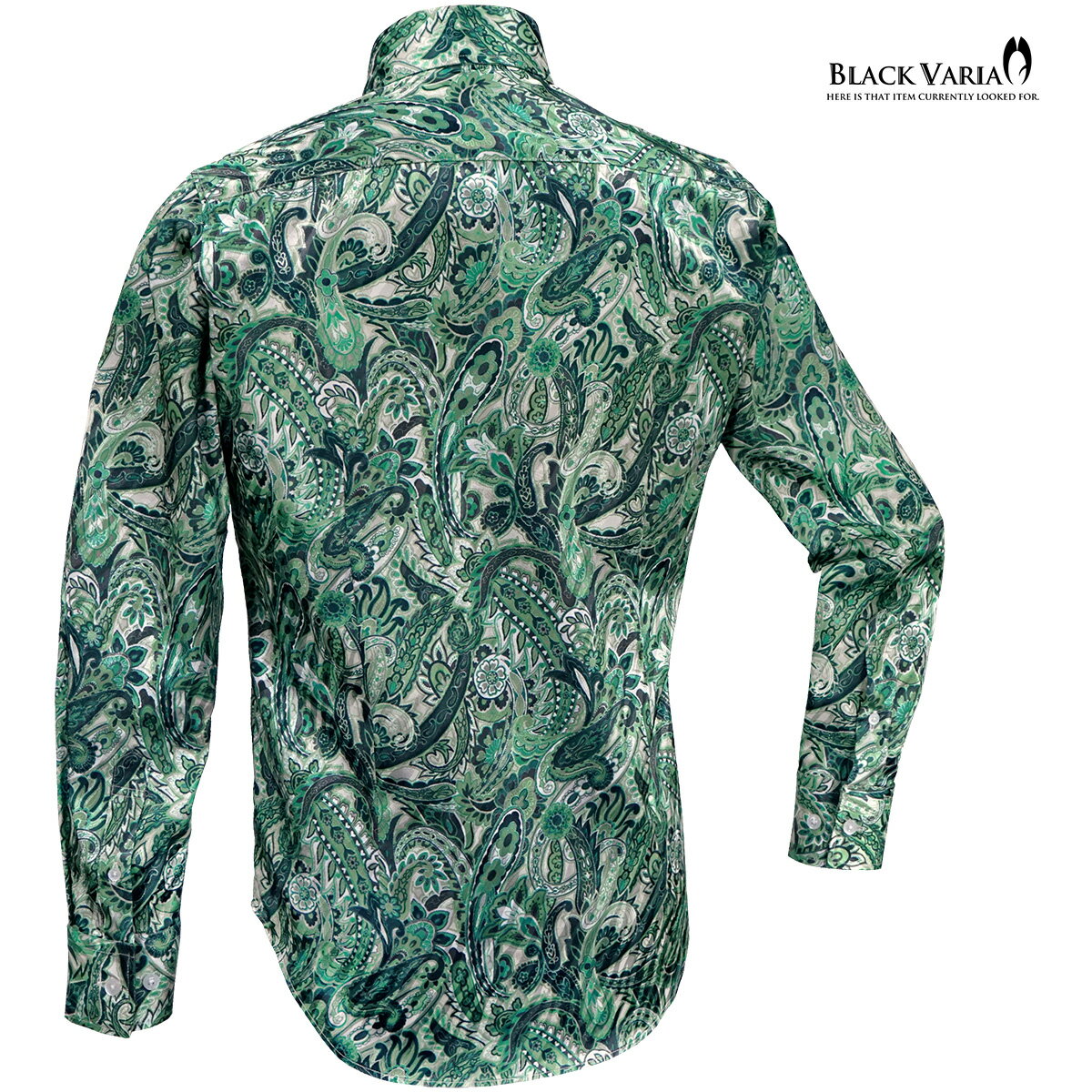 BLACK VARIA ブラックバリア サテンシャツ ドゥエボットーニ ペイズリー柄 ドレスシャツ スナップダウンタイプ ジャガード パーティー メンズ men(グリーン緑) 231902