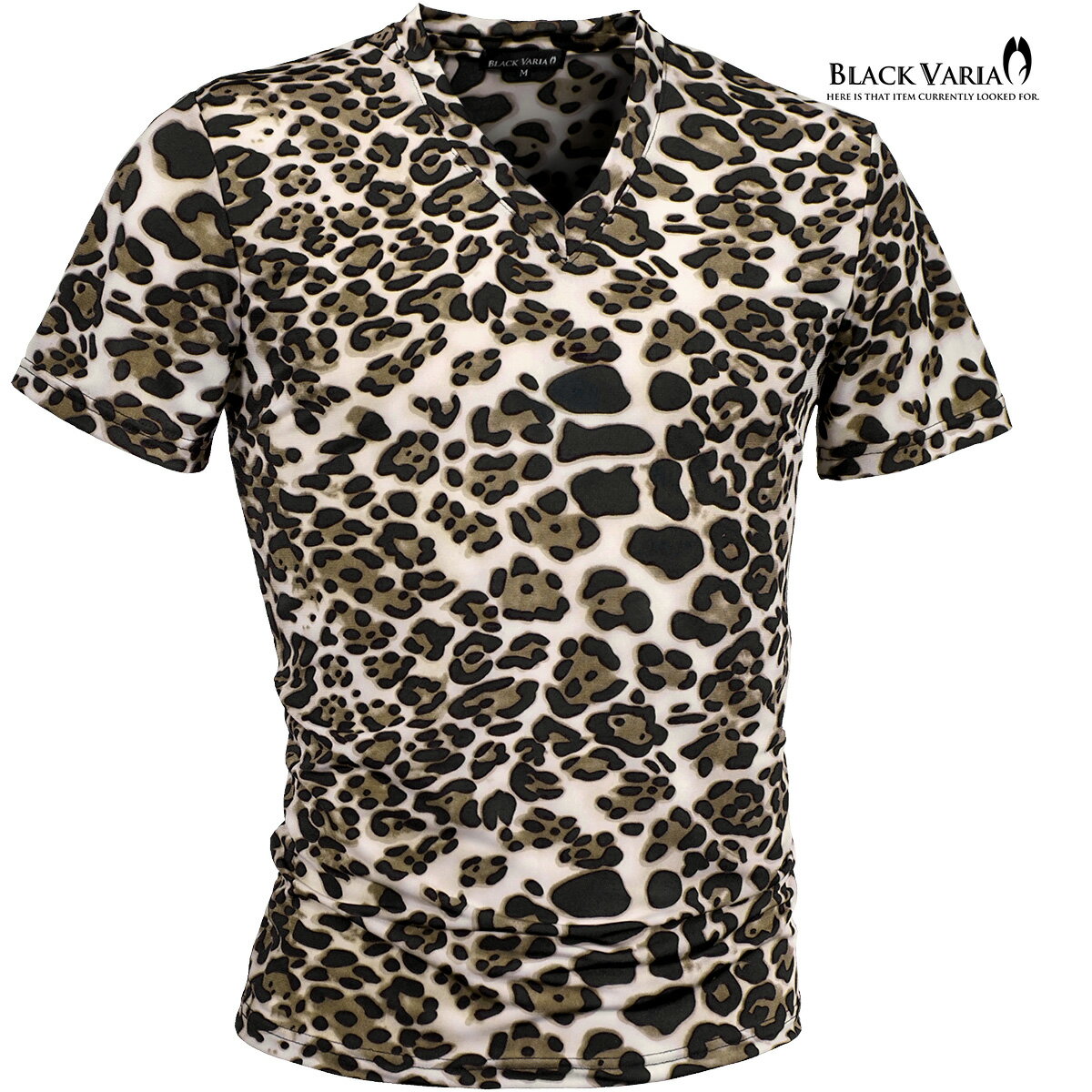 乐天商城 - BLACK VARIA ブラックバリア blackvaria Tシャツ Vネック ヒョウ柄 豹 レオパード メンズ 派手 スリム ストレッチ 半袖 mens(ブラウン×ブラック黒) 233152