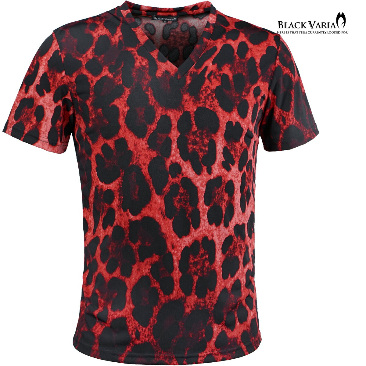 乐天商城 - BLACK VARIA ブラックバリア blackvaria Tシャツ ヒョウ 豹 Vネック メンズ レオパード 日本製 スリム 半袖Tシャツ mens ファッション おしゃれ(レッド赤) 233154