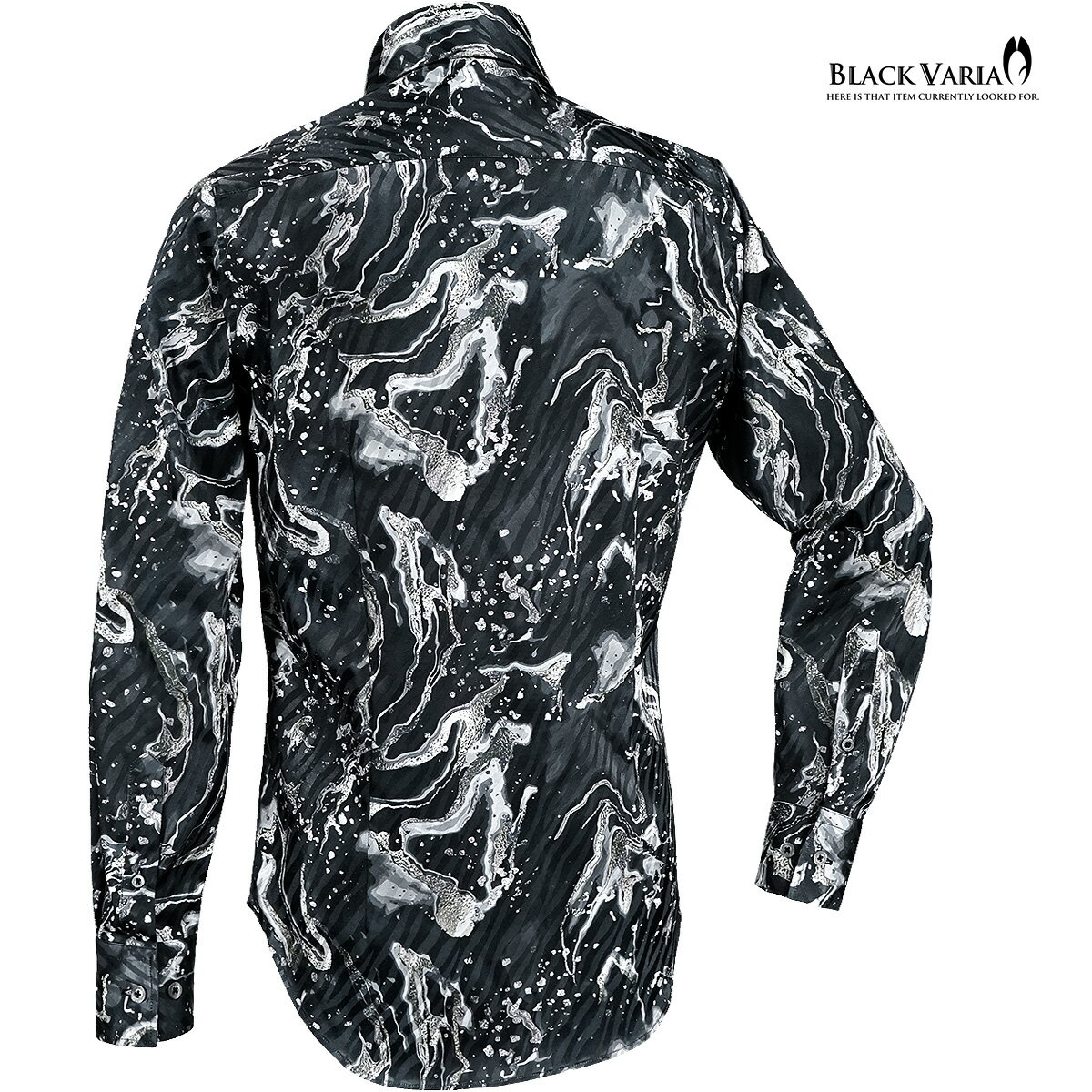 BLACK VARIA ブラックバリア blackvaria サテンシャツ ドゥエボットーニ 水面 波柄 ドレスシャツ レギュラーカラー ジャガード パーティー メンズ men 柄シャツ 派手 (ブラック黒) 231900
