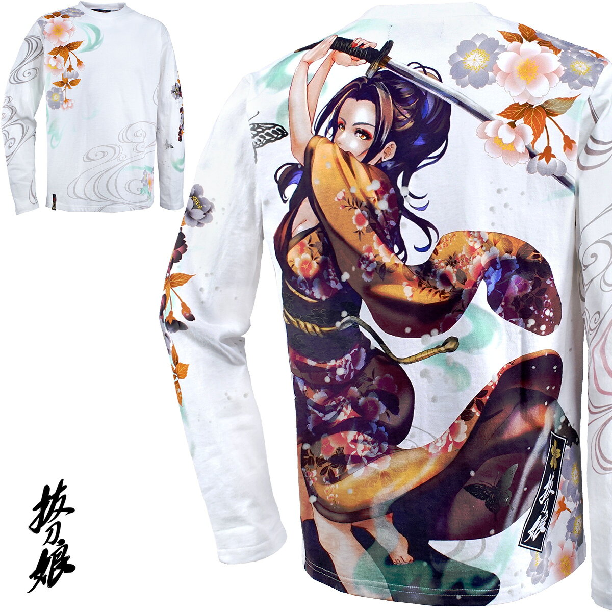 樂天商城 - 抜刀娘 ばっとうむすめ 美麗 クルーネック 長袖Tシャツ 穂乃花 和柄 メンズ ロンT mens(ホワイト白) 233857