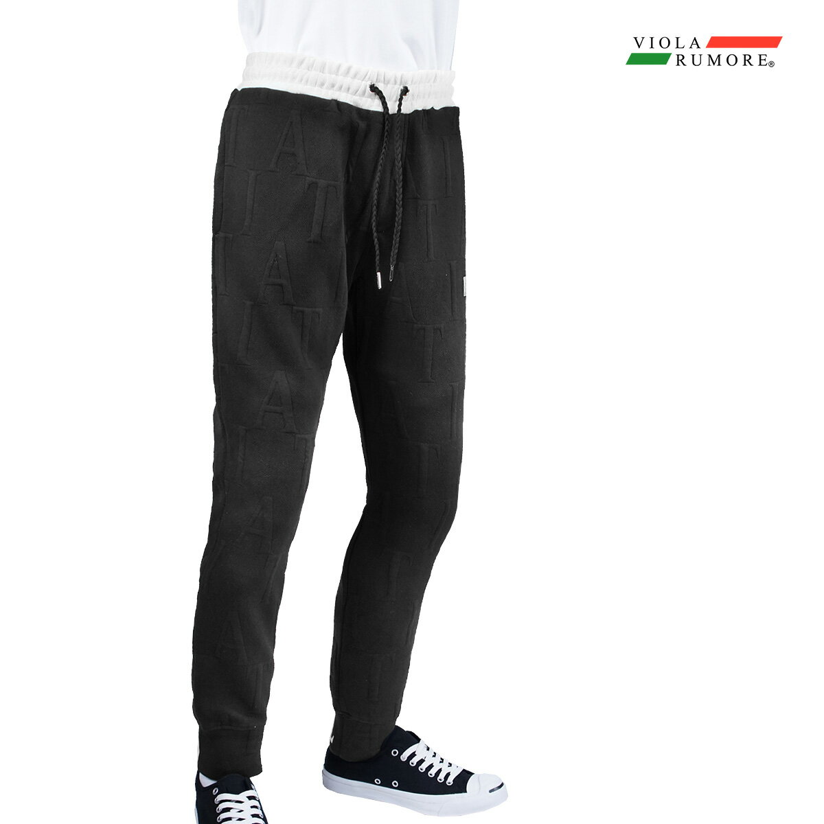 VIOLA rumore ヴィオラ ビオラ ジョガーパンツ 後ろ裾ロゴ ロゴ柄ジャガード メンズ テーパードパンツ ボトム mens(ブラック黒ホワイト白) 42122