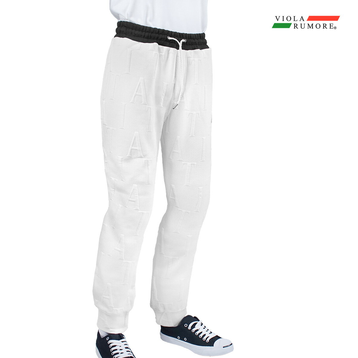 VIOLA rumore ヴィオラ ビオラ ジョガーパンツ 後ろ裾ロゴ ロゴ柄ジャガード メンズ テーパードパンツ ボトム mens(ホワイト白) 42122