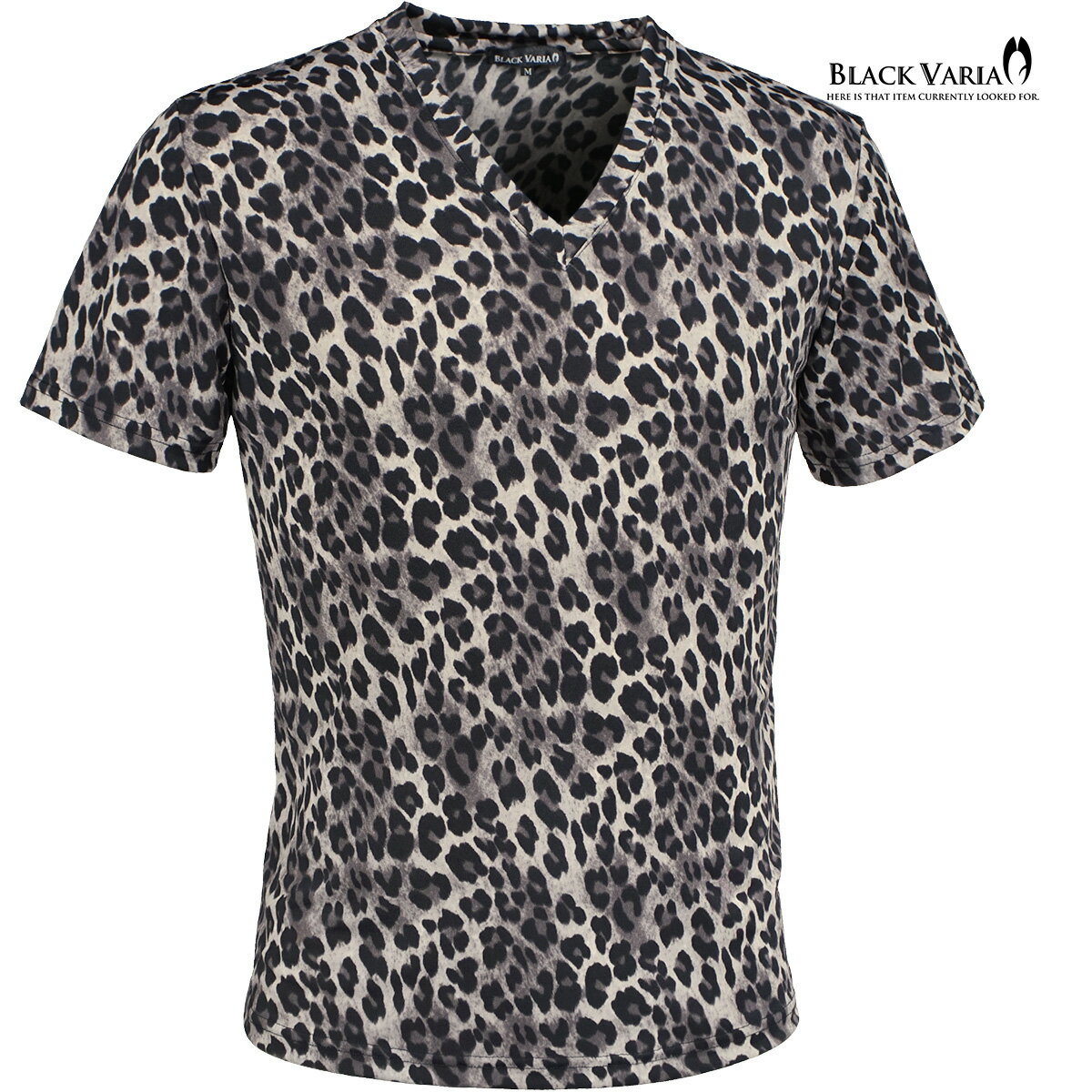 樂天商城 - BLACK VARIA ブラックバリア blackvaria Tシャツ Vネック ヒョウ柄 豹 レオパード メンズ 派手 スリム ストレッチ 半袖 mens(グレージュ灰) 241309