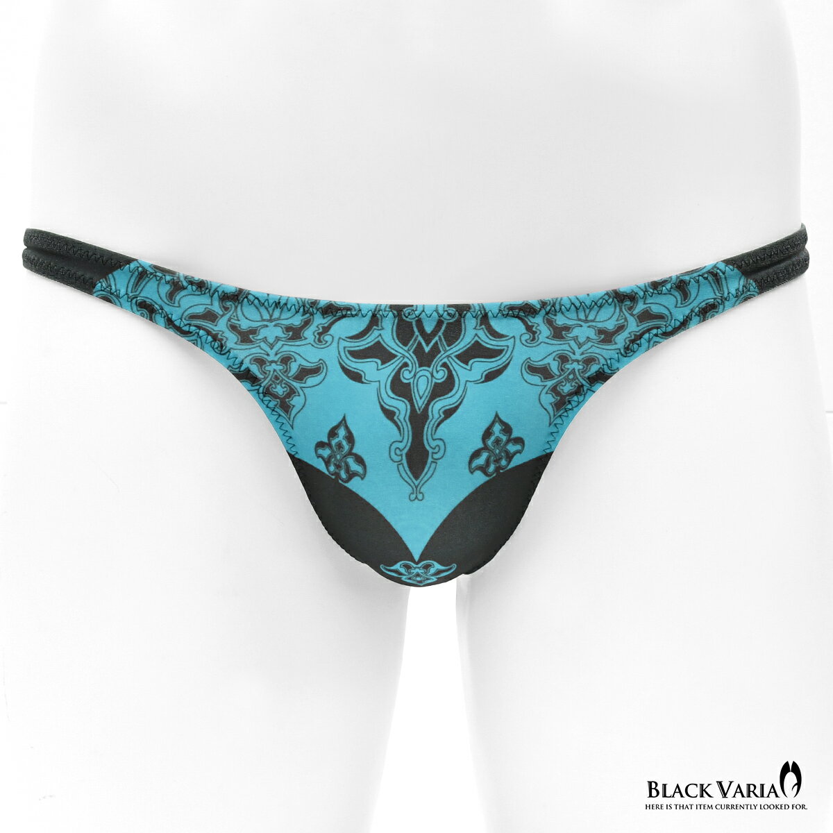 BLACK VARIA ブラックバリア blackvaria Tバック アラベスク柄 ダマスク柄 模様 植物文様 下着 ビキニ パンツ メンズ セクシー ジム スポーツ(サックスブルー青) tc007