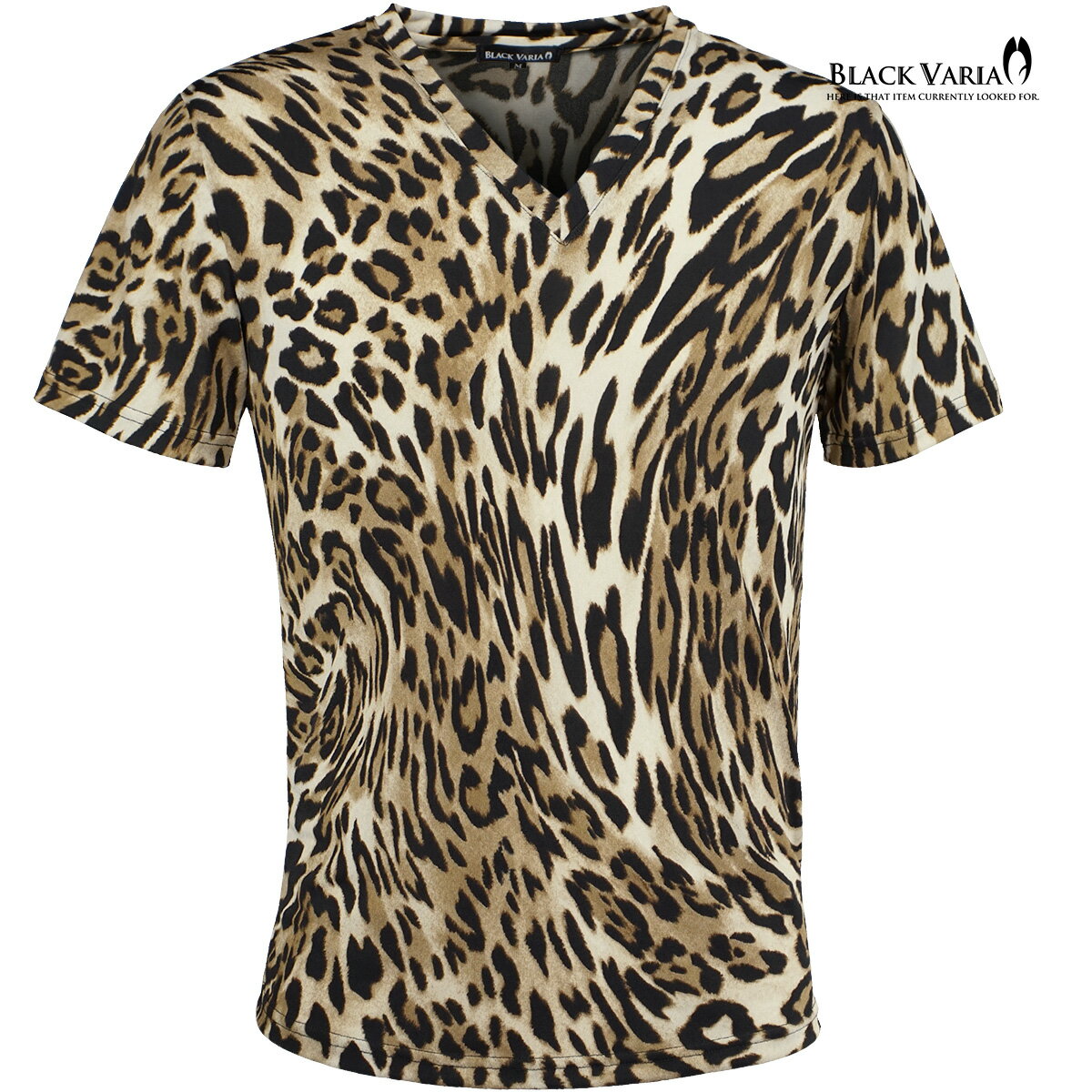 乐天商城 - BLACK VARIA ブラックバリア blackvaria Tシャツ Vネック ヒョウ柄 豹 レオパード メンズ 派手 スリム ストレッチ 半袖 mens(ブラウン茶) 241307