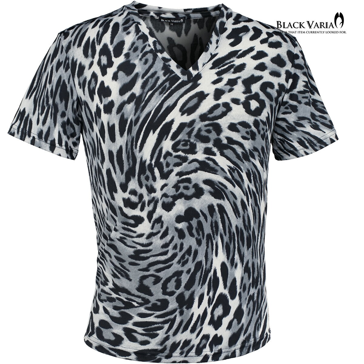乐天商城 - BLACK VARIA ブラックバリア blackvaria Tシャツ Vネック ヒョウ柄 豹 レオパード メンズ 派手 スリム ストレッチ 半袖 mens(グレー灰) 241307