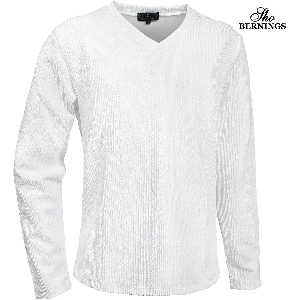 乐天商城 - Tシャツ 長袖 Vネック ストライプ柄 ジャガード メンズ シンプル ロンT mens(ホワイト白) 360753