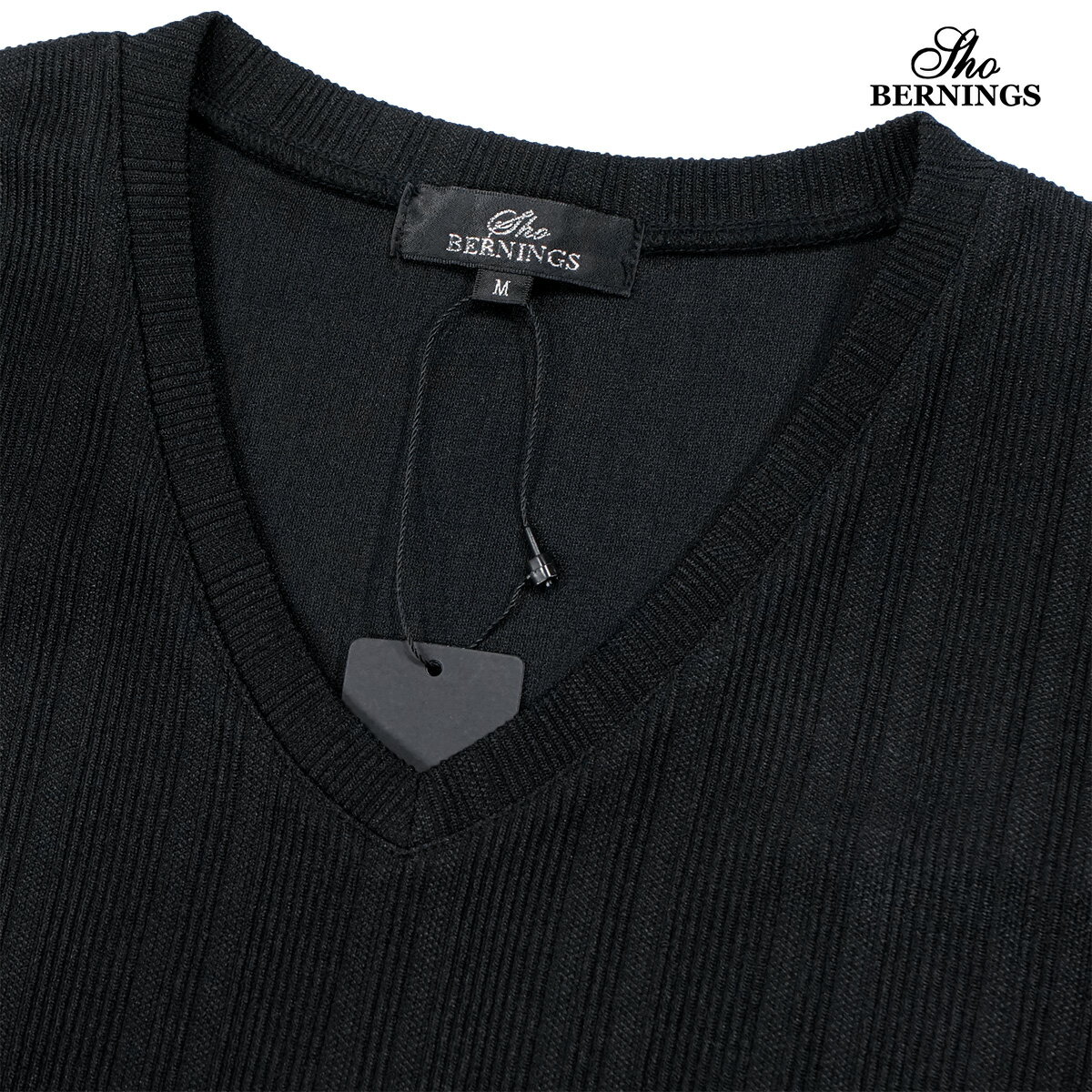 Tシャツ 長袖 Vネック ストライプ柄 ジャガード メンズ シンプル ロンT mens(ブラック黒) 361253