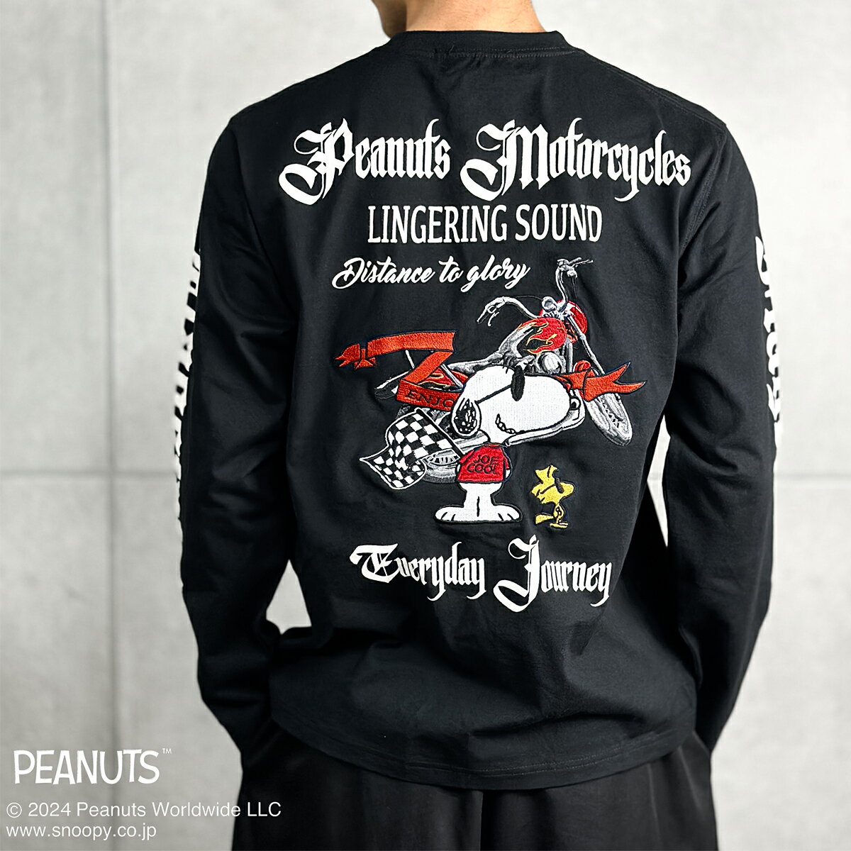 樂天商城 - スヌーピー SNOOPY 袖ロゴ ロンT 長袖Tシャツ バイク クルーネック mens メンズ(ブラック黒) 451086