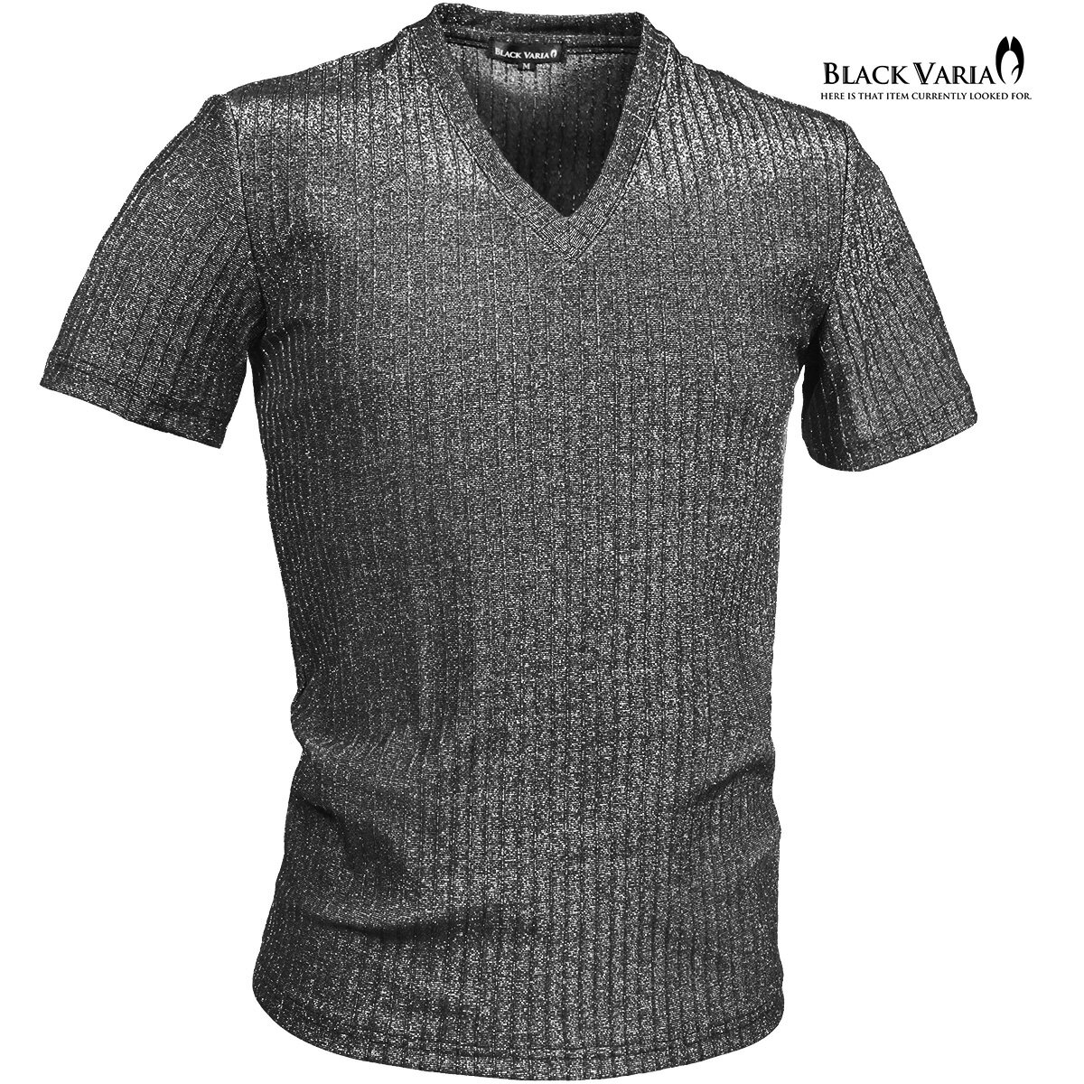 乐天商城 - BLACK VARIA ブラックバリア blackvaria Tシャツ Vネック ラメ ストライプ メンズ 派手 スリム ストレッチ 半袖 mens(シルバー銀) 252312