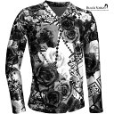 Tシャツ Vネック 長袖 薔薇柄 バラ チェーン柄 吸水速乾 総柄 日本製 ストレッチ スリム スポーツ 機能性素材 メンズ mens ファッション おしゃれロンT 2WAY 長袖Tシャツ プリント 細身(ブラック黒) bv09ls(4)