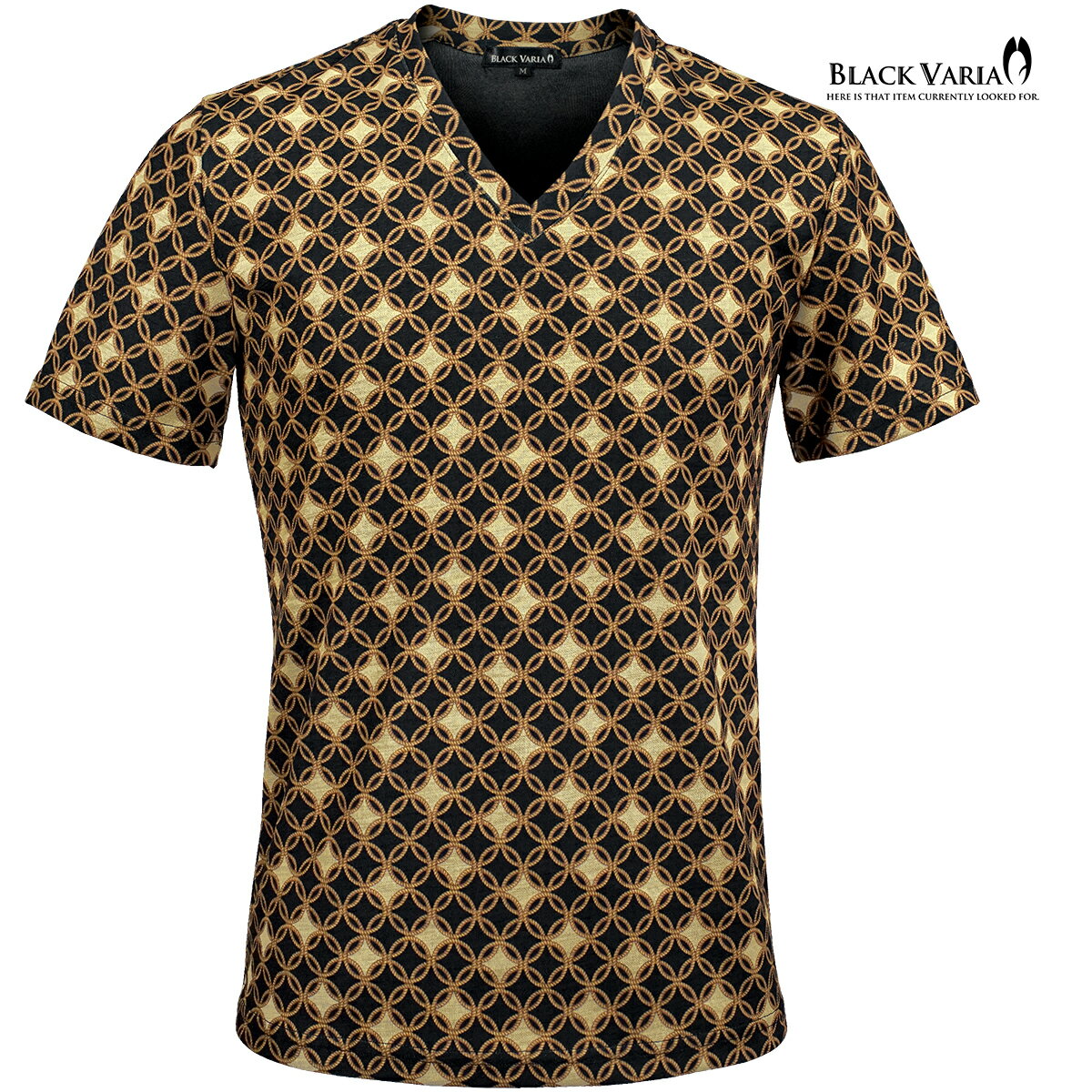 乐天商城 - BLACK VARIA ブラックバリア blackvaria Tシャツ Vネック 七宝柄 メンズ 和柄 吉祥文様 スリム 細身 ストレッチ 半袖 mens(ブラウン茶ブラック黒) 252307