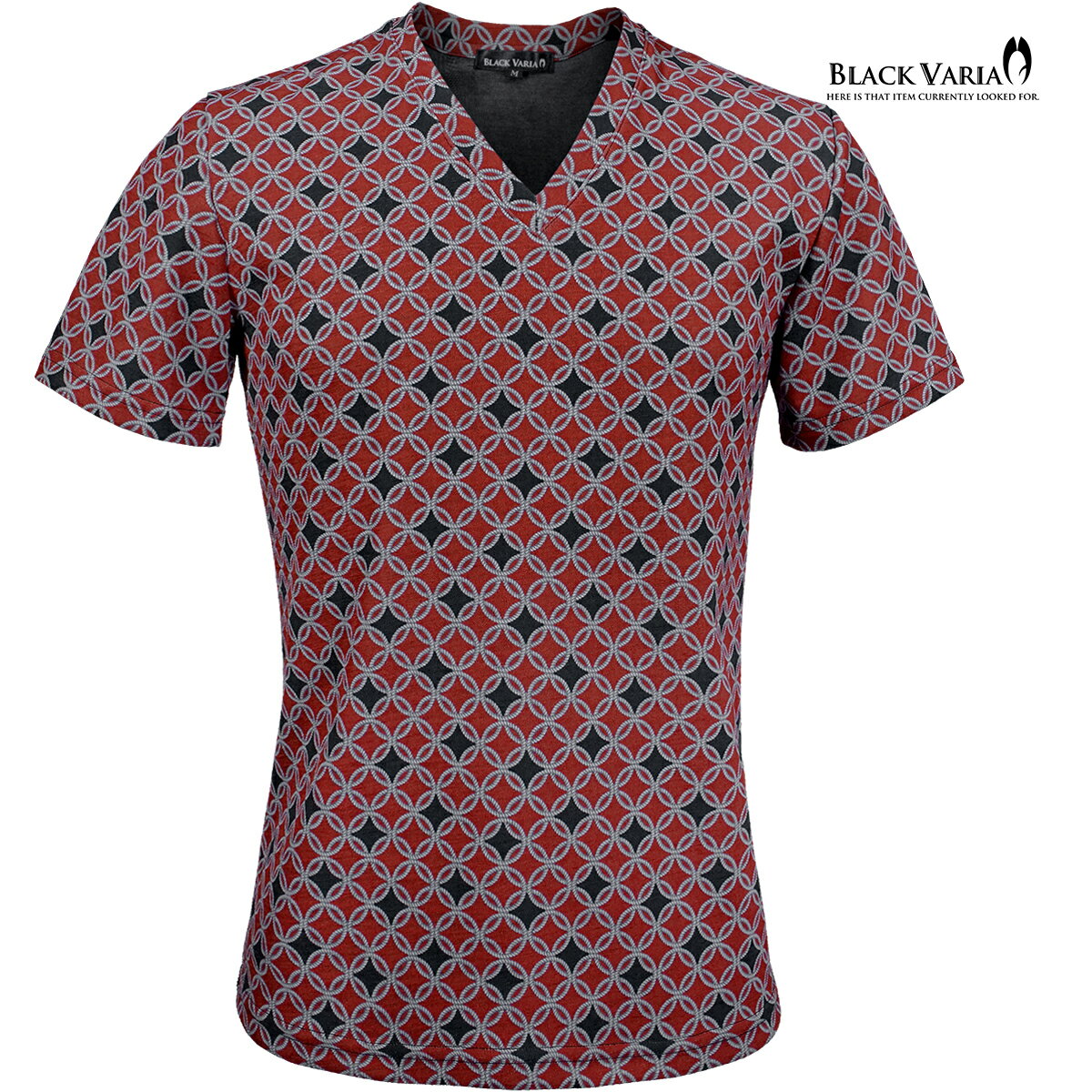 乐天商城 - BLACK VARIA ブラックバリア blackvaria Tシャツ Vネック 七宝柄 メンズ 和柄 吉祥文様 スリム 細身 ストレッチ 半袖 mens(レッド赤ブラック黒) 252307