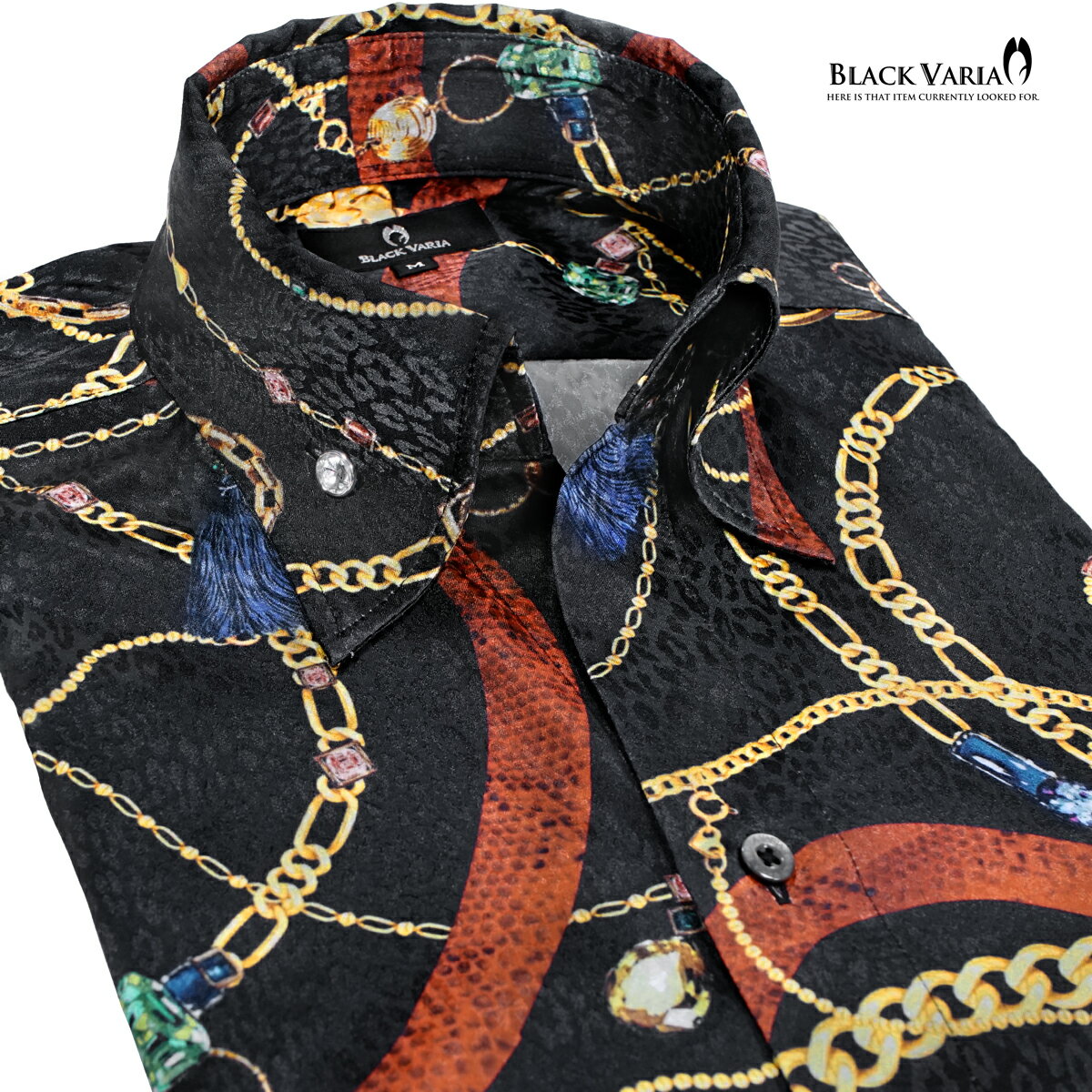 乐天商城 - BLACK VARIA ブラックバリア blackvaria サテンシャツ ドレスシャツ スキッパー チェーン柄 宝石 鎖 ジャガード ボタンダウン 日本製 メンズ mens ファッション おしゃれ 柄シャツ 派手(ブラック黒) 251106