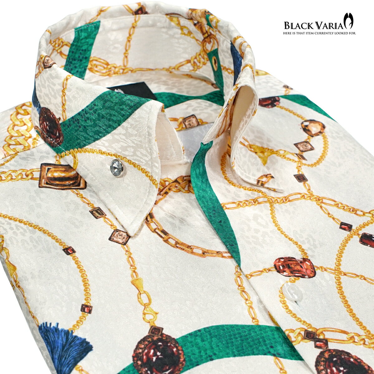 BLACK VARIA ブラックバリア blackvaria サテンシャツ ドレスシャツ スキッパー チェーン柄 宝石 鎖 ジャガード ボタンダウン 日本製 メンズ mens ファッション おしゃれ 柄シャツ 派手(ホワイト白) 251106