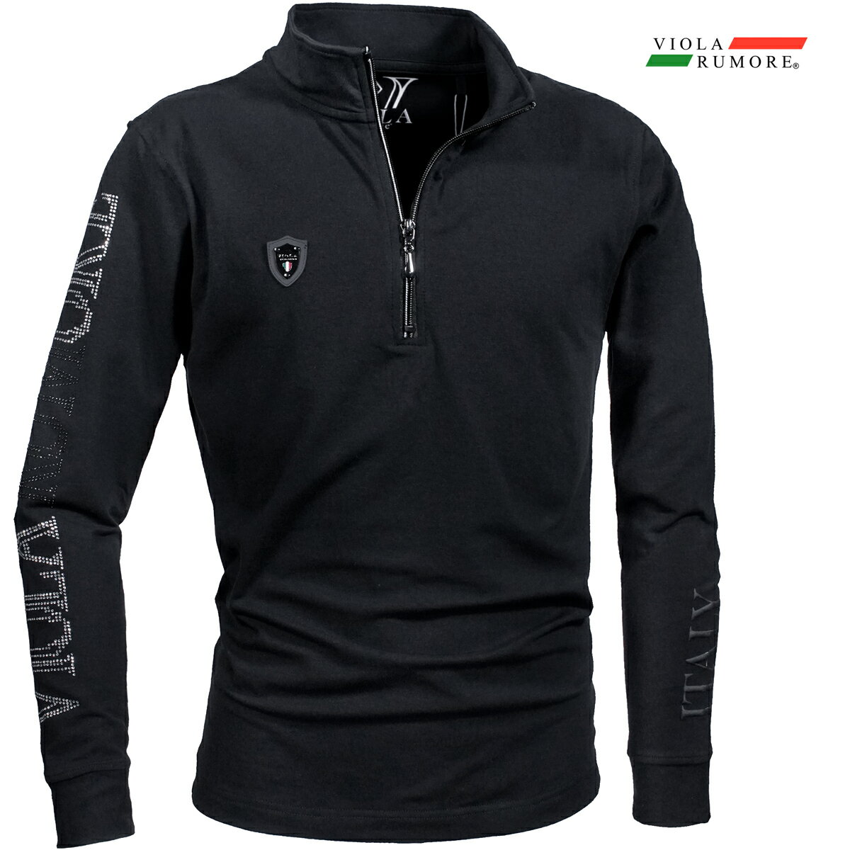 VIOLA rumore ヴィオラ ビオラ ポロシャツ ハーフZIP ラインストーン 袖ロゴ 襟ロゴ メンズ ポロ 長袖 ..