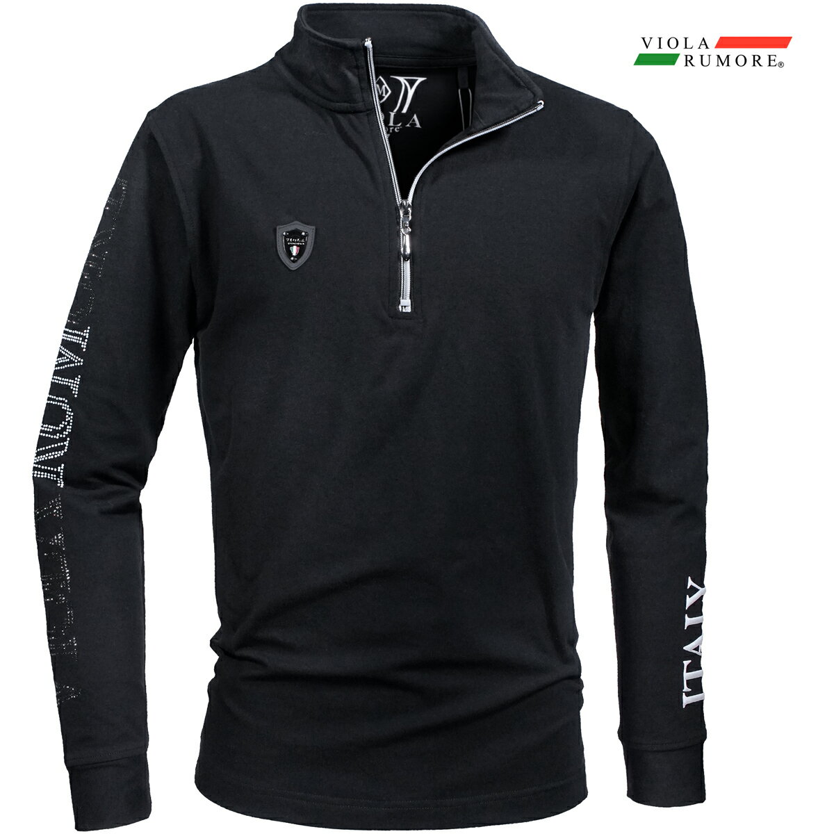 VIOLA rumore ヴィオラ ビオラ ポロシャツ ハーフZIP ラインストーン 袖ロゴ 襟ロゴ メンズ ポロ 長袖 ..