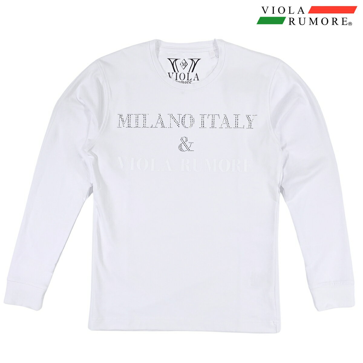 乐天商城 - VIOLA rumore ヴィオラ ビオラ Tシャツ クルーネック ラインストーン ロゴ メンズ 長袖Tシャツ mens(ホワイト白) 62107