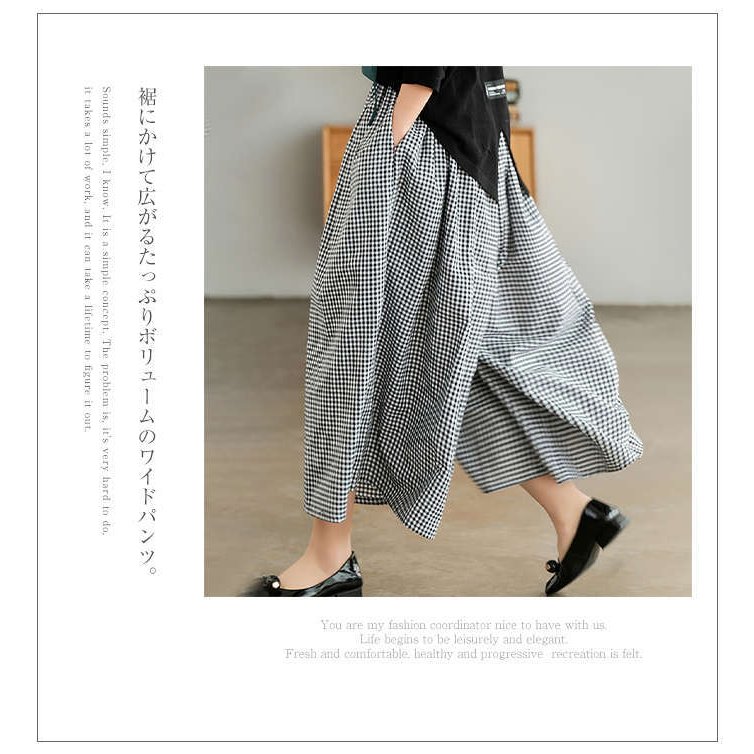ワイドパンツ パンツ レディース 春夏 スカーチョ ウエスト ゴム ギンガムチェック...