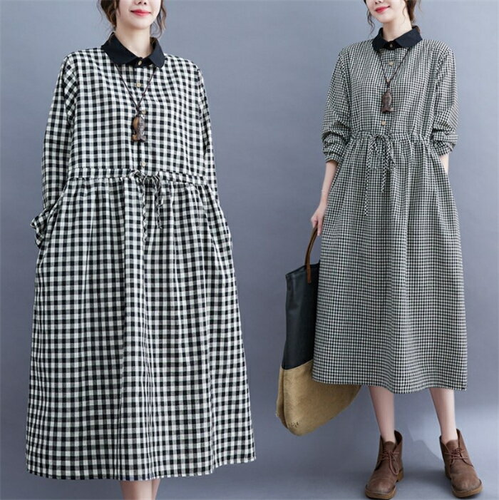 シャツワンピース ワンピース 春秋 レディース 長袖 ロング 40代 綿麻風 ロング丈 春 チェック柄 体型..