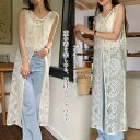 ベスト レディース 春夏 レース 透け感 ジレ ロングベスト タンクトップワンピース ロング ノースリーブ 薄手 透かし編み サマー 袖なし レイヤード 重ね着...