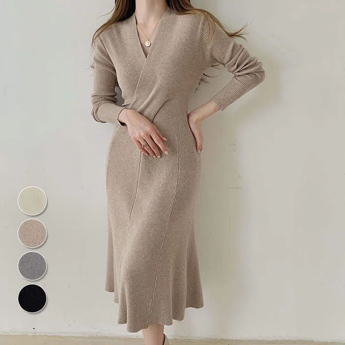 ワンピース ニット レディース 秋冬 きれいめ vネック ワンピース ロング丈 長袖 ニットワンピ 体型カバー 着痩せ フェミニン あったか おしゃれ 可愛い 忘年会 披露宴 謝恩会 新年会 二次会 オフホワイト ブラック グレー ベージュ Fのサムネイル