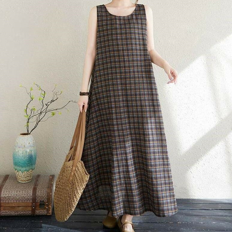 乐天商城 - ワンピース チェック柄 ロング丈 夏 レディース ノースリーブ チェック ワンピース 綿麻混 Aライン コットン リネン ふんわり 涼しい ロング Aライン フレア 大きいサイズ シンプル カジュアル 薄手 ゆったり オフィス ゆるっと リゾート 体型カバー 30代 40代 50代