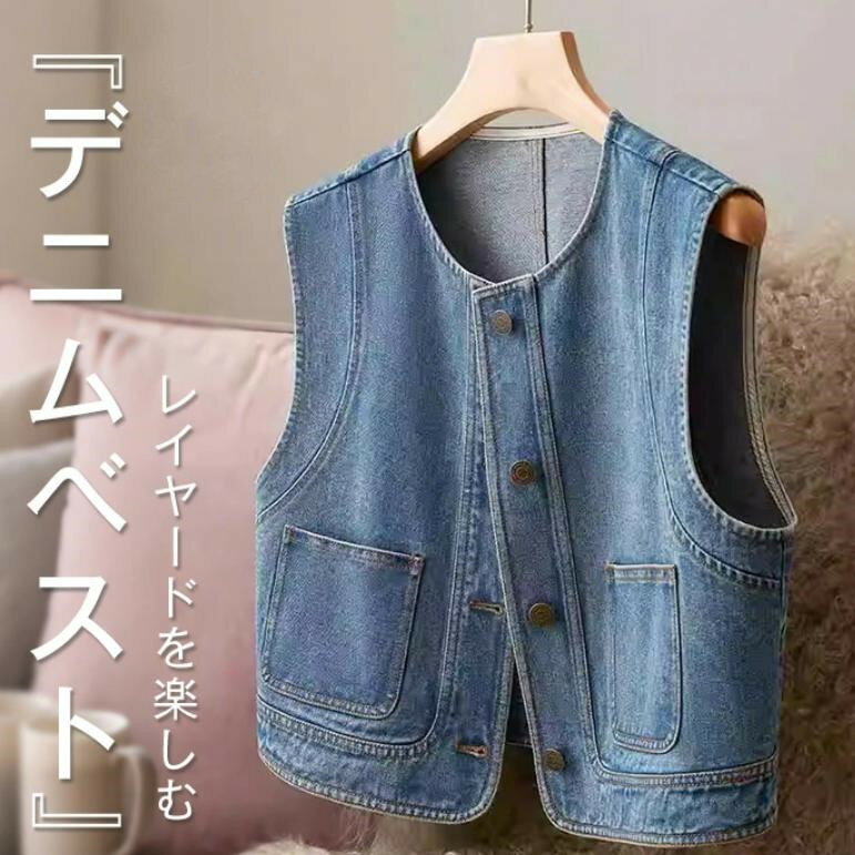 乐天商城 - デニム ベスト デニム ジレ レディース ジレベスト ノースリーブ クルーネック トップス ジレ ベスト デニム ベスト 春 秋 冬 大きいサイズ 前開き 重ね着 レイヤード風 大人 カジュアル アウター ライトアウター ジャケット デニム 新作 羽織り 可愛い 無地
