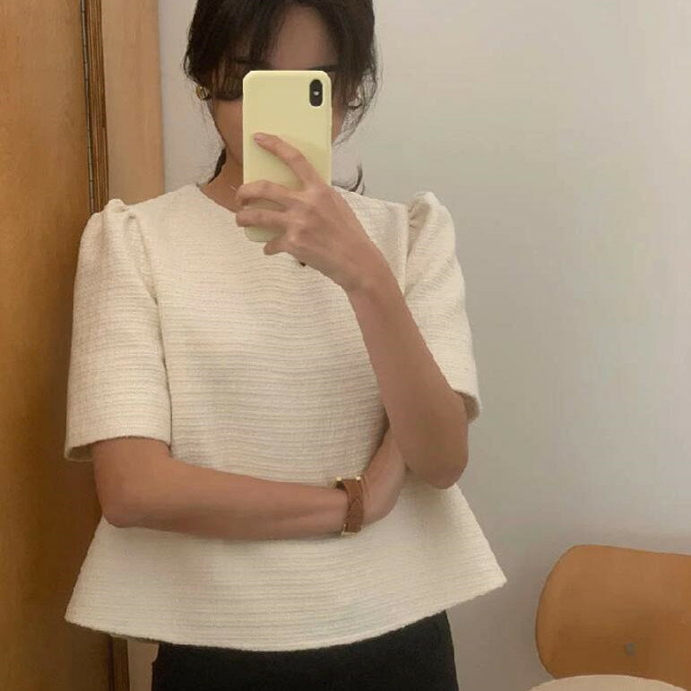 樂天商城 - ブラウス レディース ツイード調 ブラウス 半袖 秋 春 トップス Aライン フェミニン 着回し シンプル おしゃれ 大人 カジュアル こなれ感 春秋 大きいサイズ オフィス フォーマル ビジネス 通勤 OL