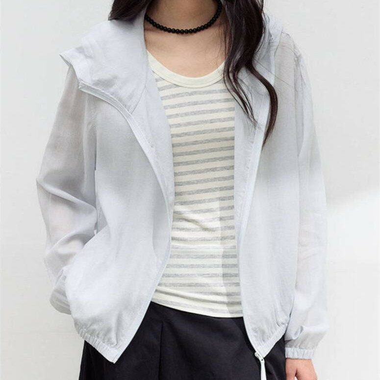樂天商城 - シアーブルゾン フード付き UVカット 冷房対策 レディース ジップアップパーカー リネンレーヨン ライトアウター 薄手 長袖 無地 シアージャケット カーディガン 春 夏 秋 前開き 羽織り 透け感 ゆったり 着痩せ 体型カバー 大人 カジュアル お洒落 通勤 OL オフィス