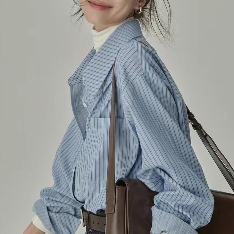 シャツ ブラウス レディース 長袖 ブラウス ストライプ 春 秋 前開き カジュアル シンプル カットソー トップス 通勤 オフィス ビジネス チュニック ゆったり フォーマル 体型カバー きれいめ OL 春 夏 秋 冬 通気性良い 20代 30代 40代 50代