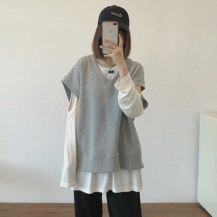 ベスト レディース 春 秋 スウェットライトスエット クルーネック ゆったり レイヤード オーバーサイズ ビッグシルエット 秋冬 トップス ノースリーブ かわいい 体型カバー コットン 通勤 着痩せ 送料無料 日常着 着回し カジュアル