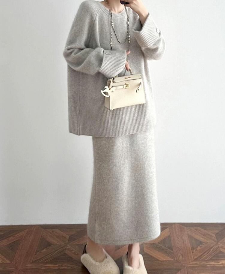 ニットセットアップ レディース セーター きれいめ ニットセーター 40代 秋冬 ニットスカート スカート 長袖 ハイネック ロングスカート スリット入り 歩きやすい 上下セット カジュアル 無地 ロング丈 オシャレ 上品 韓国風 カジュアル 2点セット オフィス