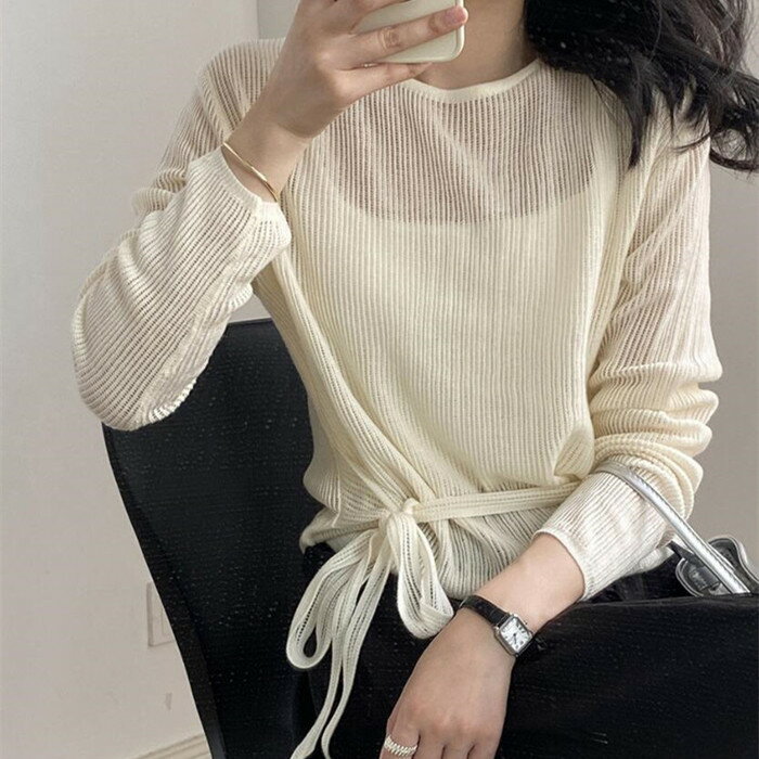 Tシャツ カットソー レディース 長袖 トップス ベーシック ラッシュガード ウエストリボン 無地 UVカット プルオーバー クルーネック ゆったり オフィス 通勤 OL おしゃれ 着痩せ 大人 かわいい 春 秋 カジュアル 20代 30代 40代 50代