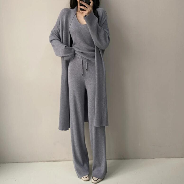 セットアップ ニット レディース ニットセットアップ 3点セット パンツセット ニット ニットベスト Vネック リブニット ベスト ニットカーディガン ロング丈...