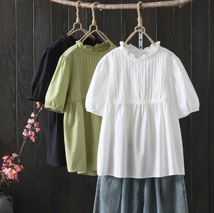 乐天商城 - ブラウス レディース シャツ 春 夏 秋 無地 綿 トップス 半袖 白シャツ コットン フリル襟 ボリューム袖 フェミニン 着回し シンプル おしゃれ 大人 カジュアル こなれ感 春 夏 涼しい 大人可愛い オフィス フォーマル ビジネス 通勤 OL