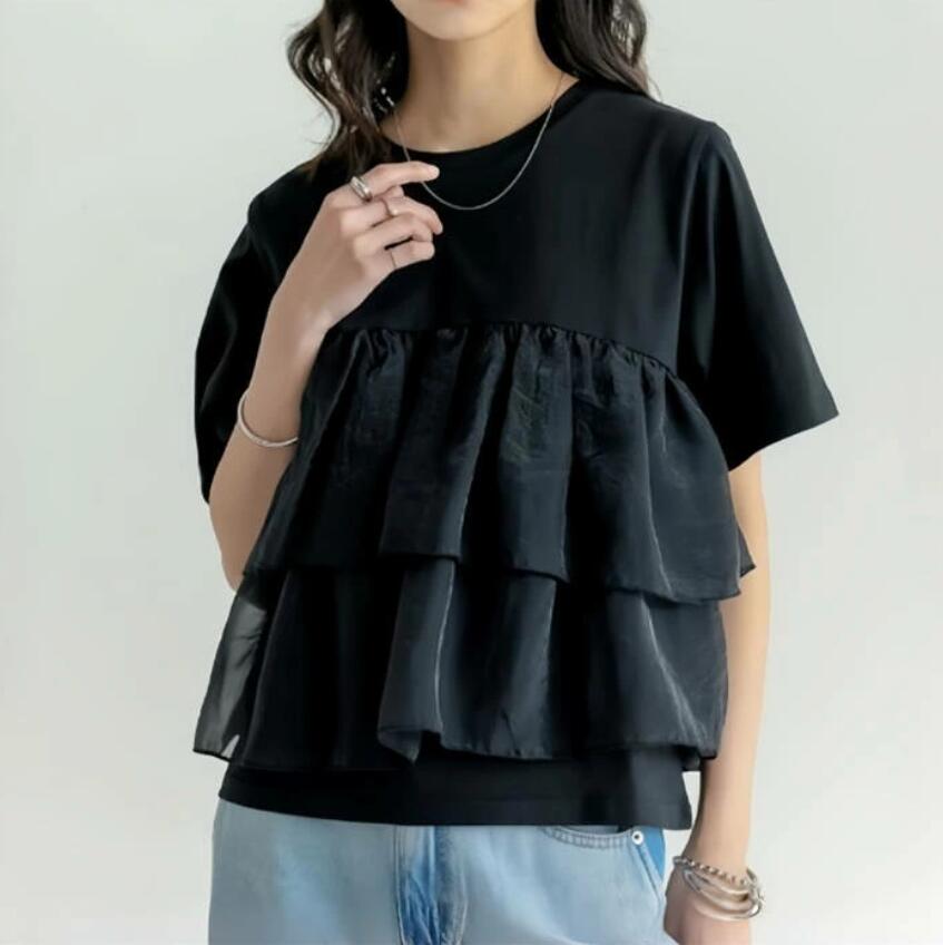 Rakuten - Tシャツ フリル チュール 切り替え レディース 新作 半袖 無地 ラウンドネック tシャツ 異素材 トップス プルオーバー 春 夏 ゆったり デザイン感 カジュアル シンプル 体型カバー 可愛い 着痩せ 着回し ガーリー 通勤 OL オフィス 大人 お洒落 20代 30代 40代
