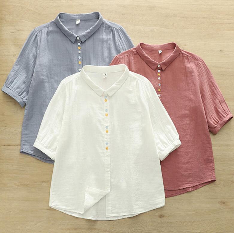 Long-Sleeved - ダブルガーゼ シャツ レディース 夏 半袖 ガーゼシャツ 2重ガーゼ シャツブラウス トップス 半袖シャツ 配色ボタン ゆったり 体型カバー ガーゼブラウス フォーマル オフィス カジュアル ナチュラル ギャザー 柔らかい 柔軟 シンプル 大人 無地 定番 綿100% コットン