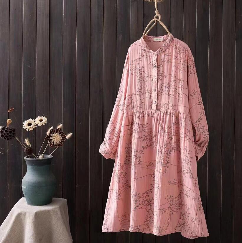 チュニック ワンピース レディース シャツワンピース 春 夏 秋 ガーゼ 長袖 大きいサイズ 膝丈ワンピース 花柄 Wガーゼ Aライン 立ち襟 ゆったり 体型カバー カジュアル 綿 コットン シンプル ナチュラル 通気性 部屋着 柔らかい リラックス 柔らかい 30代 40代 50代