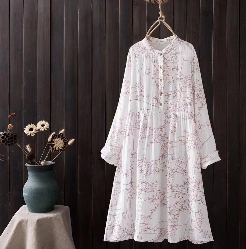 チュニック ワンピース レディース シャツワンピース 春 夏 秋 ガーゼ 長袖 大きいサイズ 膝丈ワンピース 花柄 Wガーゼ Aライン 立ち襟 ゆったり 体型カバー カジュアル 綿 コットン シンプル ナチュラル 通気性 部屋着 柔らかい リラックス 柔らかい 30代 40代 50代