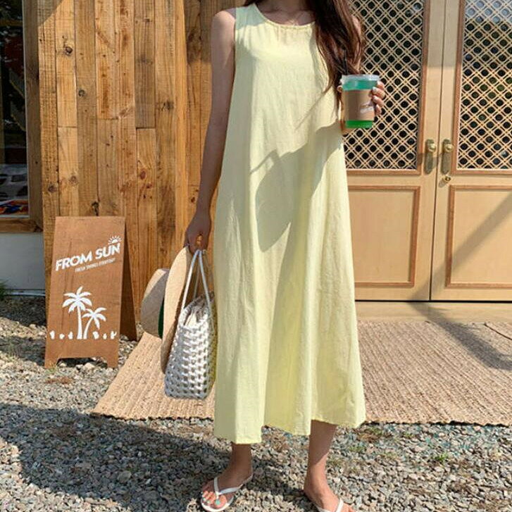 长袖 - ワンピース ロングワンピース ノースリーブワンピース きれいめ お洒落 マキシ丈 ロング丈 ワンピース 大きいサイズ 夏 ワンピース ロング ノースリーブ 無袖 レディース 体型カバー 着痩せ シンプル カジュア 薄手 イエロー