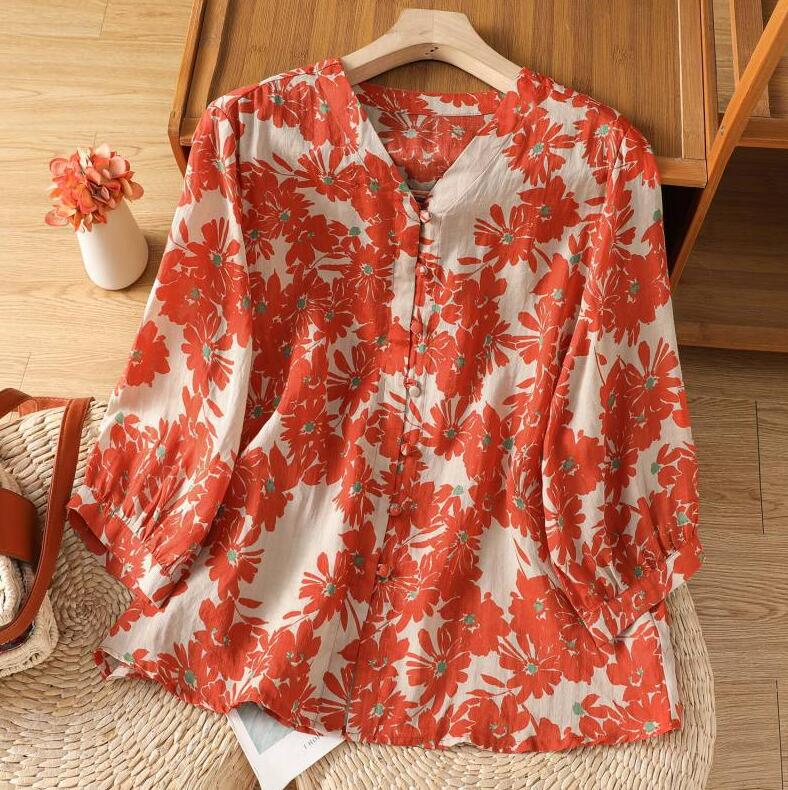 Long-Sleeved - ブラウス シャツ レディース シャツ ブラウス シャツブラウス 花柄シャツ トップス 5分袖 大きいサイズ 花柄 総柄 Vネック 大人可愛い 体型カバー ゆったり 着痩せ 柔らか カジュアル ナチュラル おしゃれ 春 夏 秋 送料無料
