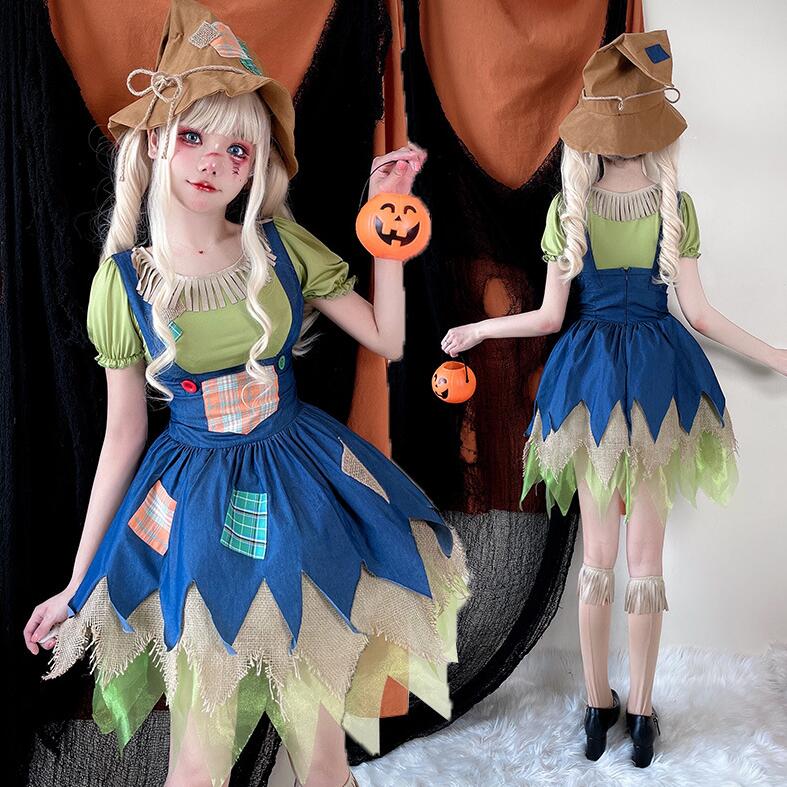 ハロウィン衣装 ピエロ ワンピース 帽子+トップス+スカート+足カバーの4点セット コスチューム カカシ ..