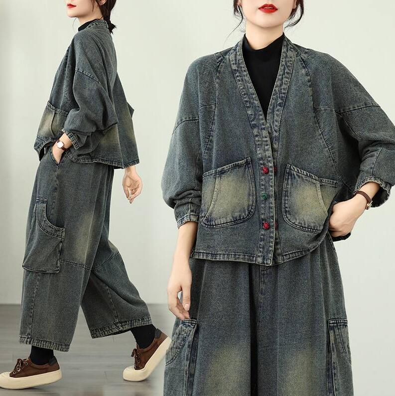 デニムジャケット ワイドパンツ セットアップ レディース 春 秋冬 ジャケット コート 秋 冬 きれいめ ノーカラー デニムコート デニムパンツ ガウチョパンツ...