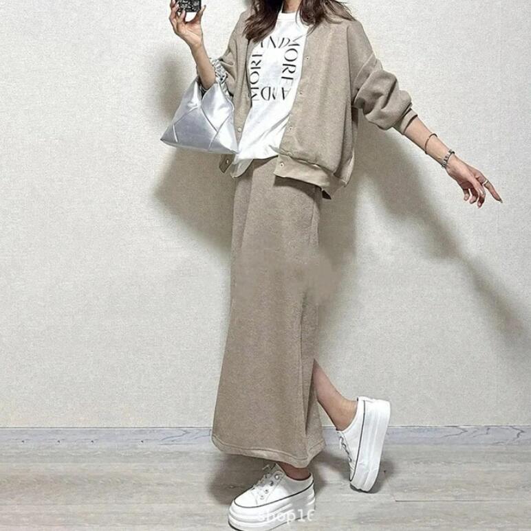 スーパーセール3680円⇒3310円 即納 セットアップ レディース 2点セット スカート スタジャン ジャケット パーカー スウェット 春 秋 長袖 きれいめ 上下セット ロングスカート 無地 着痩せ 大人 カジュアル バックスリット 大人 可愛い カジュアル