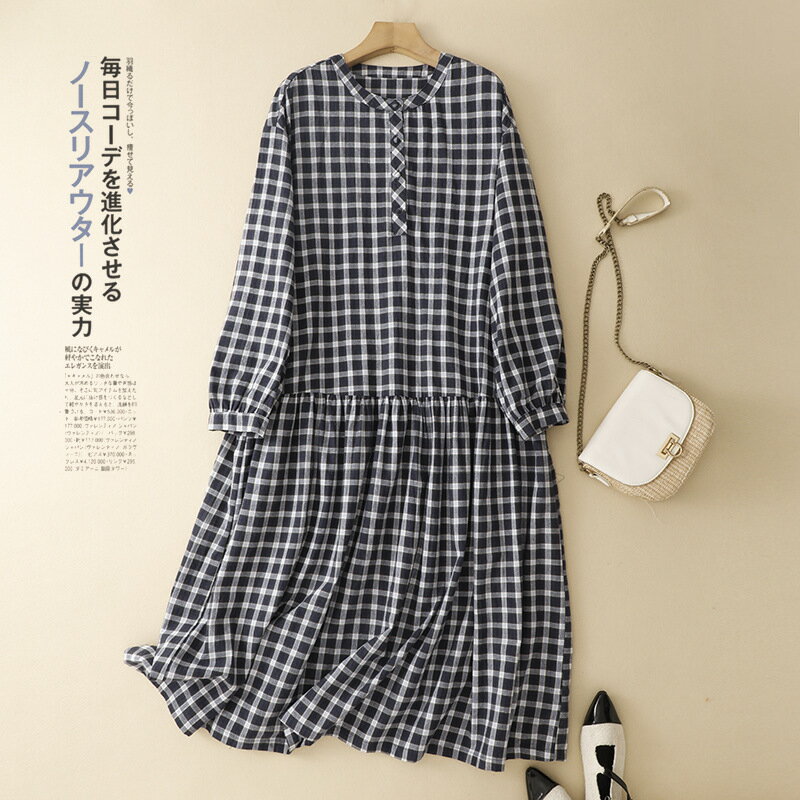 Rakuten - ワンピース レディース シャツワンピース ロングワンピース ロングワンピ シャツワンピ 長袖 クルーネック チェック柄 大きいサイズ ゆったり 体型カバー ミモレ丈 カジュアル 大人 着痩せ 通勤 シンプル きれいめ 着回しやすい 大人可愛い 春 秋