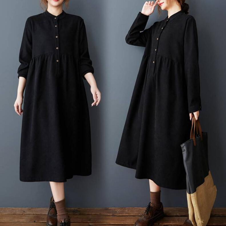 Rakuten - シャツワンピース ワンピース ロングワンピース 長袖 ワンピース レディース 春 秋 冬 ワンピース スタンドカラー ロング マキシ丈 膝下 長袖ワンピース 春秋 おしゃれ ワンピ ドッキング ウエストギャザー ポケット付き 大きいサイズ ゆったり 無地 黒 通勤 カジュアル