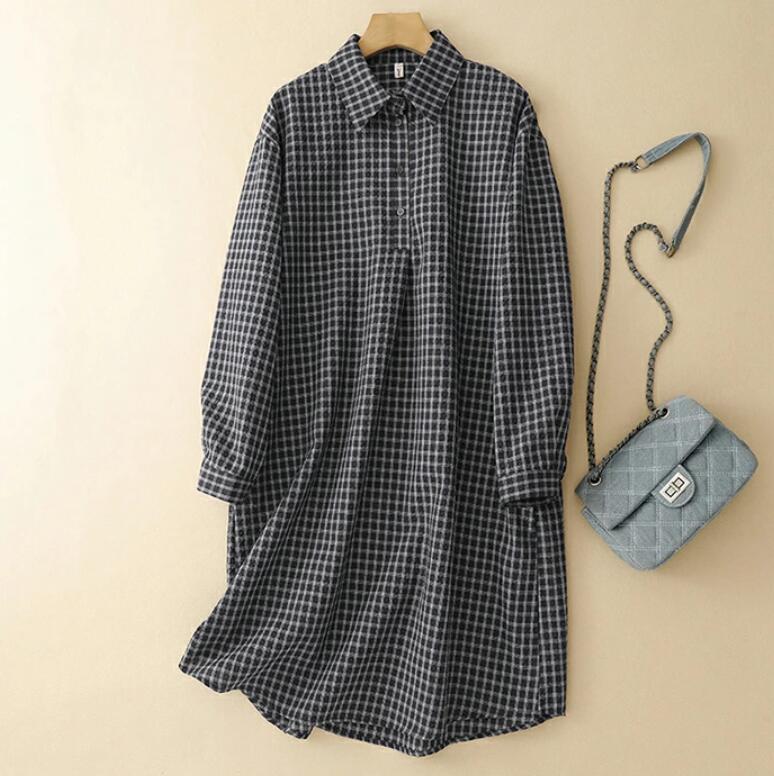 Rakuten - シャツワンピース レディース 綿 ワンピース シャツワンピ ロングワンピース ロングワンピ ギンガムチェック Aライン 前開き 長袖 スタンダードカラー ミモレ丈 綿麻風 大きいサイズ ゆったり きれいめ 体型カバー 着痩せ ナチュラル 柔らか 春 夏 秋